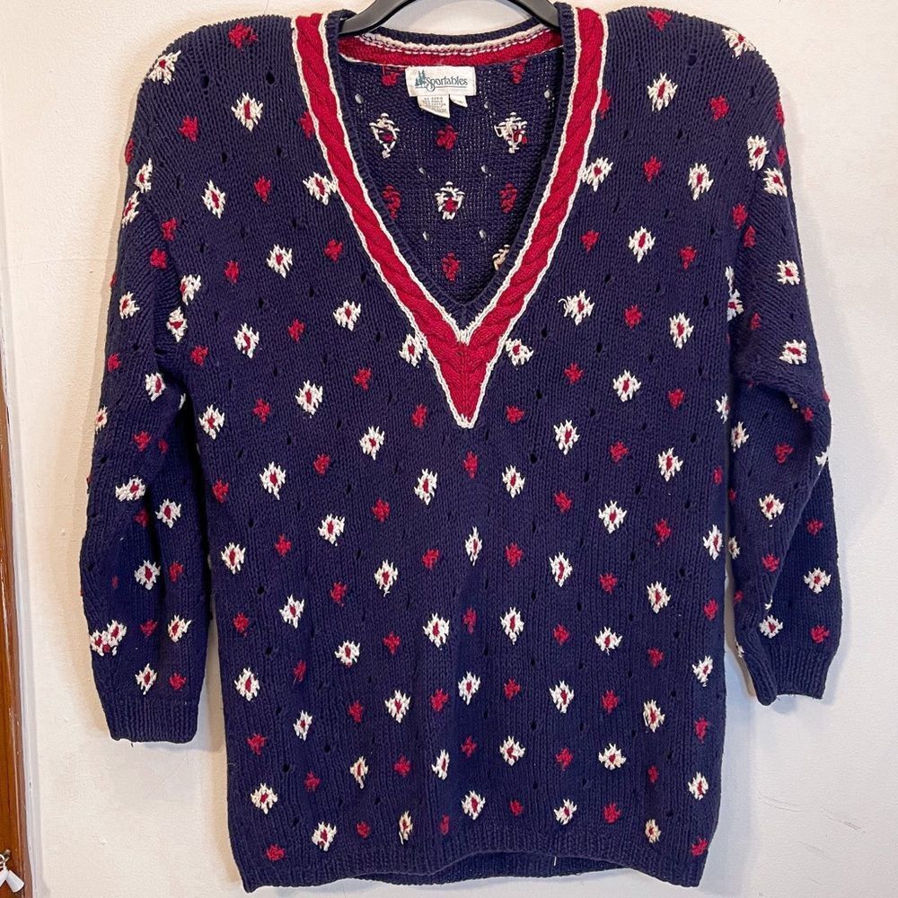 Vintage‎ Sportables Navy, White, & Red V-Neck 3/4 Sleeve Sweater Size M